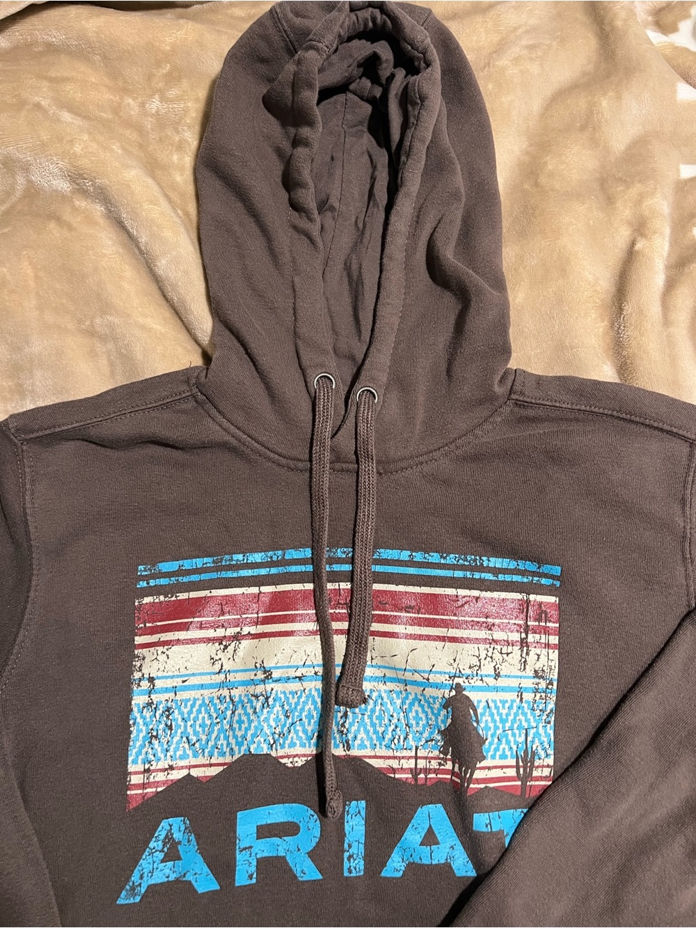 Ariat Brown Pullover Hoodie with Distressed Turquoise and Red Graphic - Picture 2 of 4